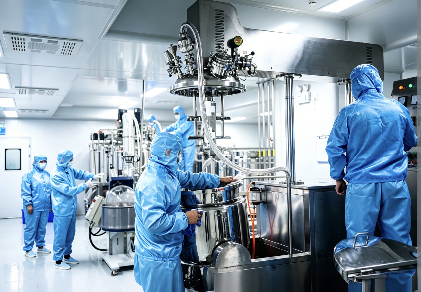 Class 100K clean production workshop — vacuum homogenizing emulsifier, stainless steel mixing tanks, closed material pipeline transfer
