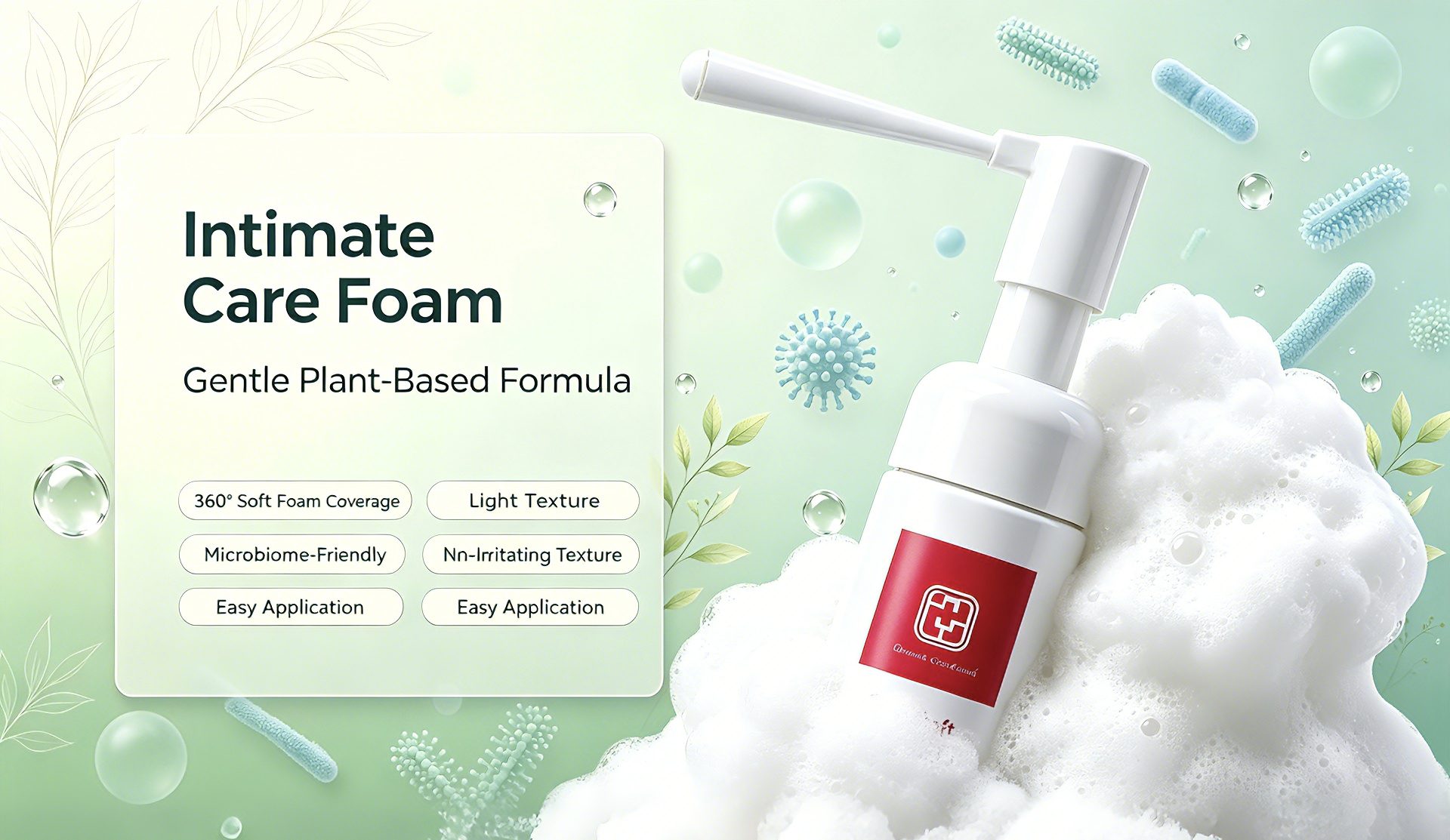 Intimate care foam product advantages: gentle plant-based formula, 360 degree soft foam coverage, light texture and microbiome-friendly positioning