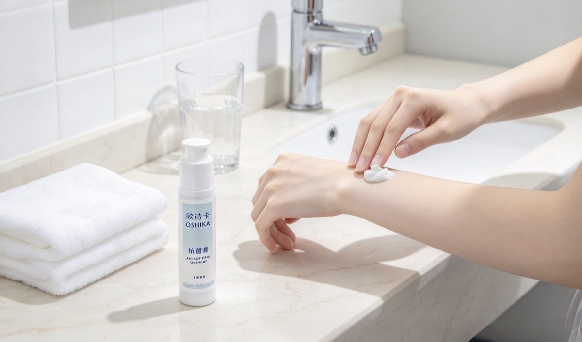 Applying a leave-on antibacterial ointment to the forearm - everyday skin protection on intact skin