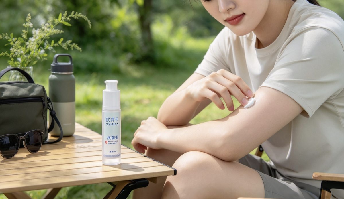 Applying no-rinse antibacterial ointment outdoors during an active day