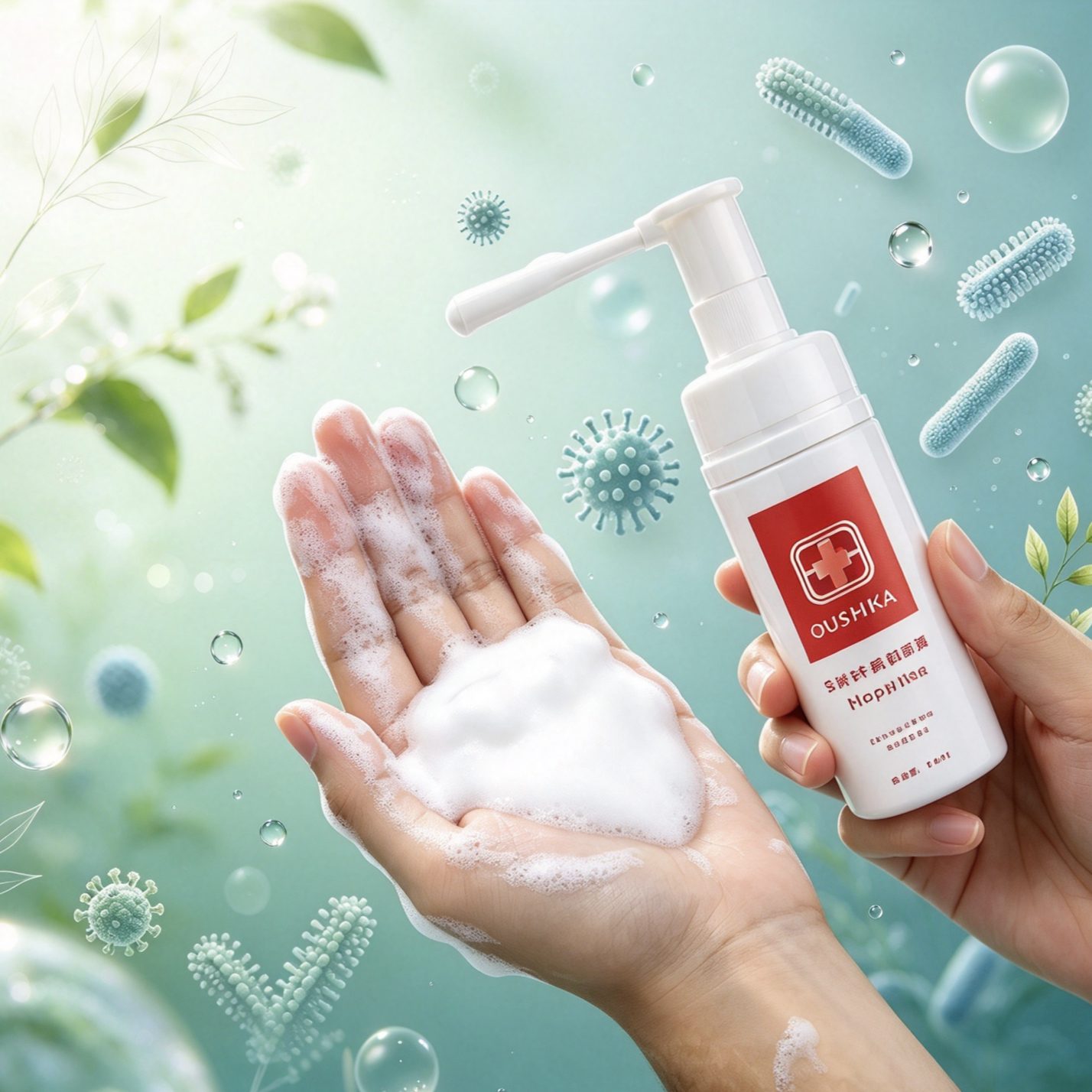 Botanical Vaginal Care Foam dispensed as a dense white foam from a press-foam bottle into the hand for private label OEM supply