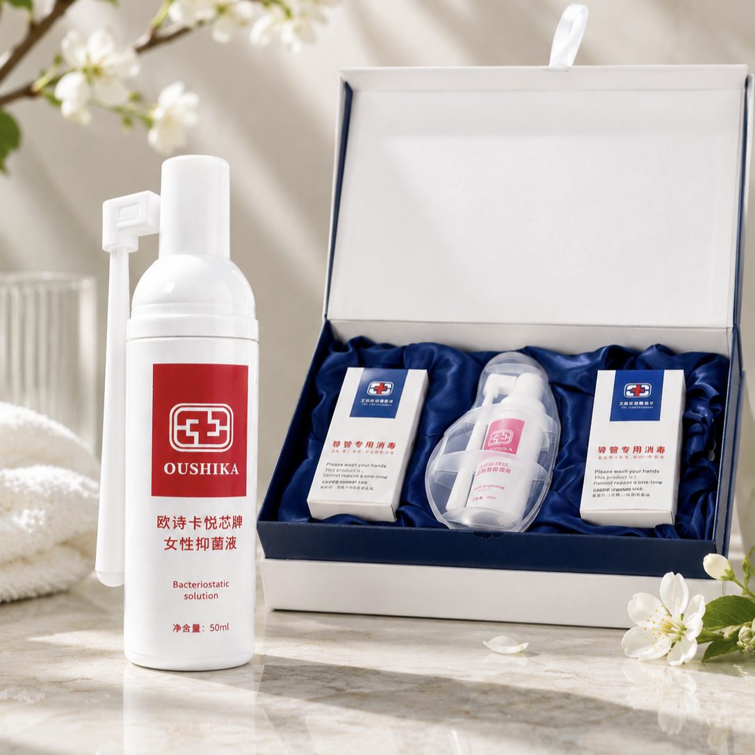 Botanical Vaginal Care Foam supplied in an applicator-delivered press-foam bottle with a private label OEM gift box set